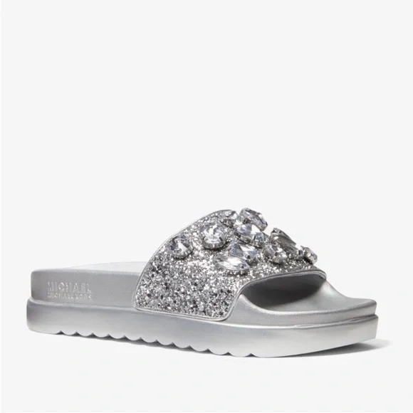 Michael Kors Tyra Silver Glitter Jewel Embellished Slide Sandals Size 9 - Picture 3 of 11